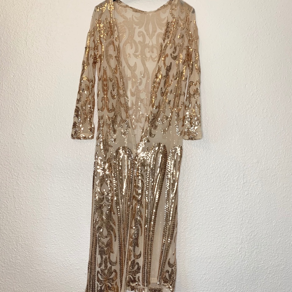 Gold Sequin Art Deco Overlay Nude Mesh Formal